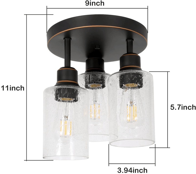 3-Light Semi Flush Mount Ceiling Light, 9 inch Vintage Oil Rubbed Bronze Lighting Fixtures with Seeded Glass Shades for Kitchen, Entrance Way and Hallway, ETL Listed Home & Garden > Lighting > Lighting Fixtures > Ceiling Light Fixtures hykolity   