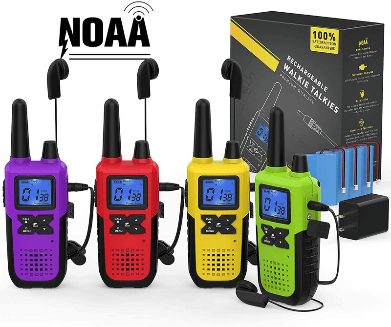 3 Long Range Walkie Talkies Rechargeable for Adults - NOAA 2 Way Radios Walkie Talkies 3 Pack - Long Distance Walkie-Talkies with Earpiece and Mic Set Headsets USB Charger Battery Weather Alert  Topsung B 1Green & 1Purple & 1Red & 1Yellow with NOAA/USB Charger/USB Cable/Battery/Earpiece/Lanyard 4 Pack 