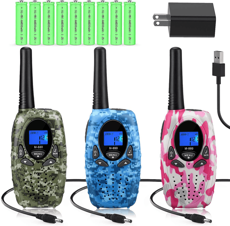 3 Long Range Walkie Talkies Rechargeable for Adults - NOAA 2 Way Radios Walkie Talkies 3 Pack - Long Distance Walkie-Talkies with Earpiece and Mic Set Headsets USB Charger Battery Weather Alert  Topsung 1Blue & 1Pink & 1Green with Charger/Cable/Battery/Lanyard 3 Pack 