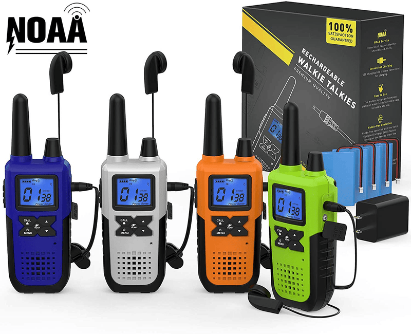 3 Long Range Walkie Talkies Rechargeable for Adults - NOAA 2 Way Radios Walkie Talkies 3 Pack - Long Distance Walkie-Talkies with Earpiece and Mic Set Headsets USB Charger Battery Weather Alert  Topsung B 1Blue & 1Green & 1Orange & 1Silver with NOAA/USB Charger/USB Cable/Battery/Earpiece/Lanyard 4 Pack 
