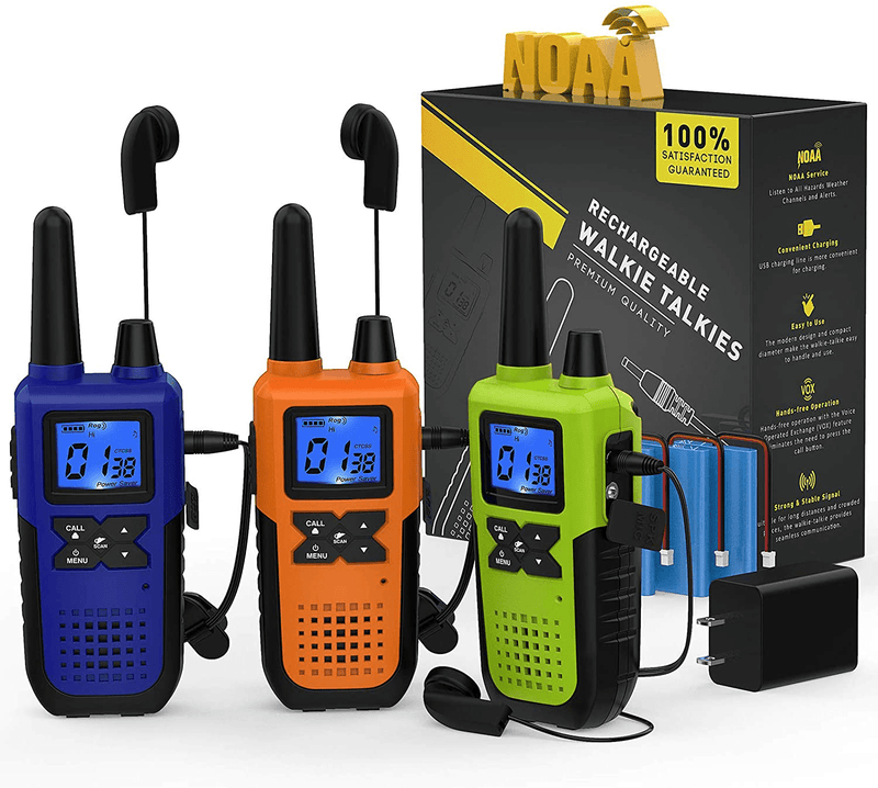 3 Long Range Walkie Talkies Rechargeable for Adults - NOAA 2 Way Radios Walkie Talkies 3 Pack - Long Distance Walkie-Talkies with Earpiece and Mic Set Headsets USB Charger Battery Weather Alert  Topsung A 1Blue & 1Green & 1Orange with NOAA/USB Charger/USB Cable/Battery/Earpiece/Lanyard 3 Pack 