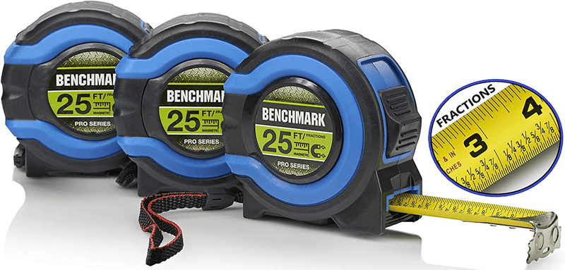 3 Pack - 25 Foot Tape Measures - Easy To Read Fractions To 1/8th - Magnetic Claw Tip - Thumb and Quick Lock - Autowind - Belt Clip Hardware > Tools > Measuring Tools & Sensors Benchmark Blue & Green 3 