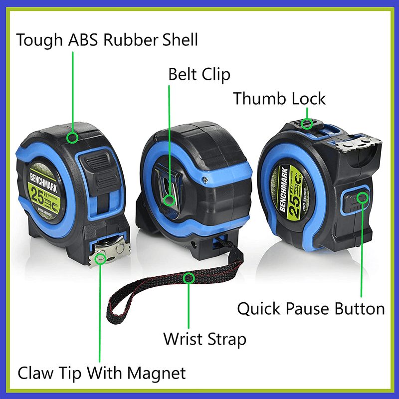 3 Pack - 25 Foot Tape Measures - Easy To Read Fractions To 1/8th - Magnetic Claw Tip - Thumb and Quick Lock - Autowind - Belt Clip
