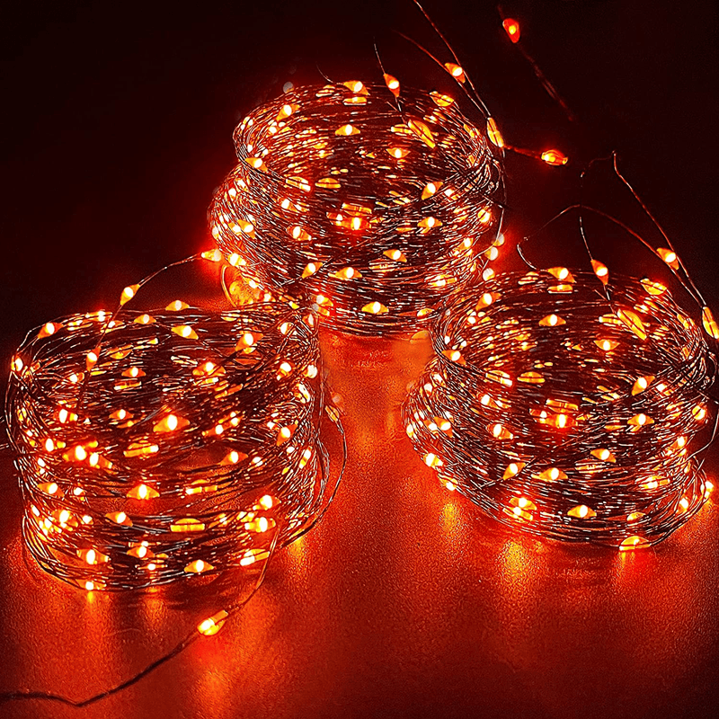 3 Pack Halloween String Lights, Total 300LED/99Ft Fairy Light with Timer Remote 8 Modes Waterproof Battery Operated Halloween Lights for Indoor Outdoor Yard Home Decor, 100 LED/33Ft Each (Orange)