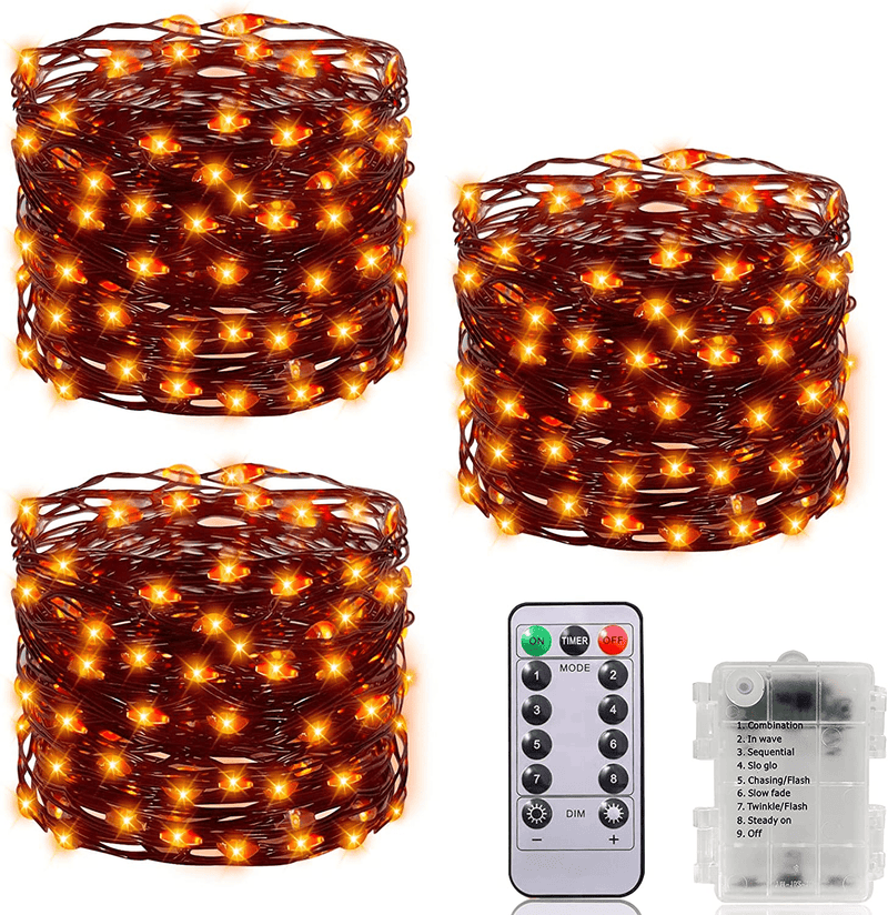 3 Pack Halloween String Lights, Total 300LED/99Ft Fairy Light with Timer Remote 8 Modes Waterproof Battery Operated Halloween Lights for Indoor Outdoor Yard Home Decor, 100 LED/33Ft Each (Orange)
