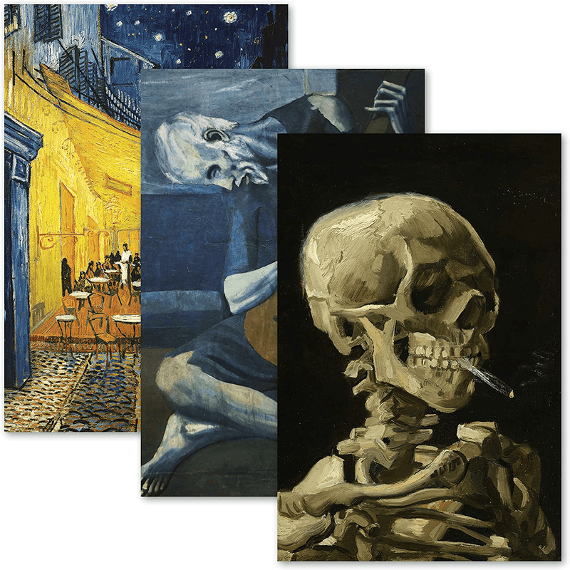 3 Pack: Vincent Van Gogh Skeleton + Cafe Terrace at Night + the Old Guitarist by Pablo Picasso Poster Set - Set of 3 Fine Art Prints (LAMINATED, 18" X 24")