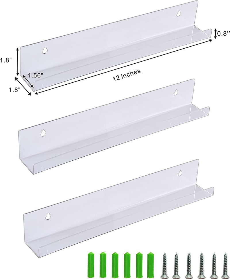 3 Pack Vinyl Record Wall Mount Holder-12 Inch Clear Acrylic Shelf for Vinyl Record Display - Acrylic Floating Shelves for Kids Room Furniture > Shelving > Wall Shelves & Ledges N / B   