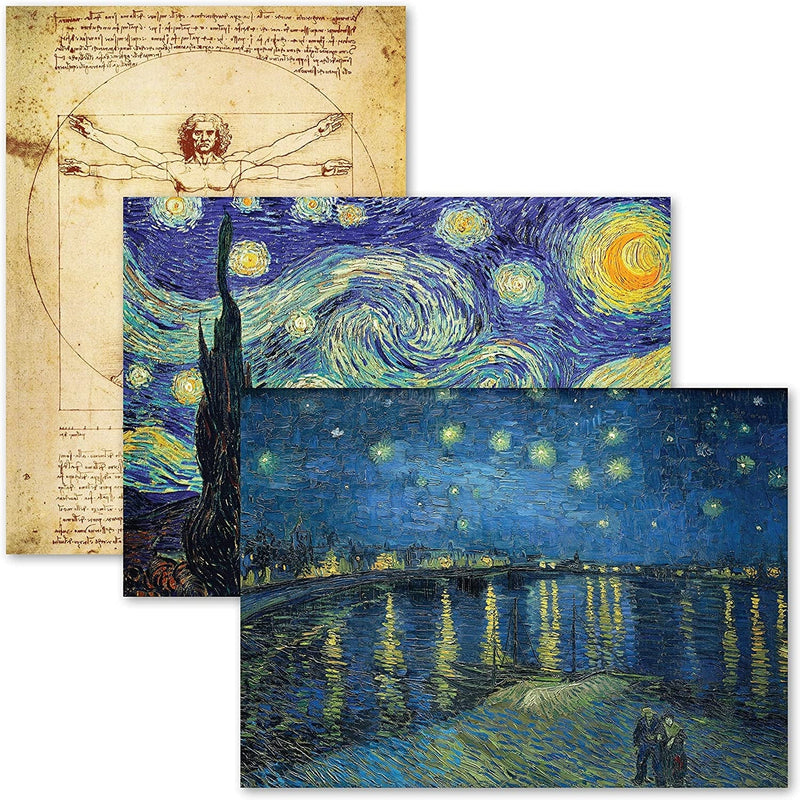 3 Pack - Vitruvian Man by Leonardo Da Vinci + Starry Night & over the Rhone by Vincent Van Gogh - Fine Art Poster Prints (Laminated, 18" X 24")