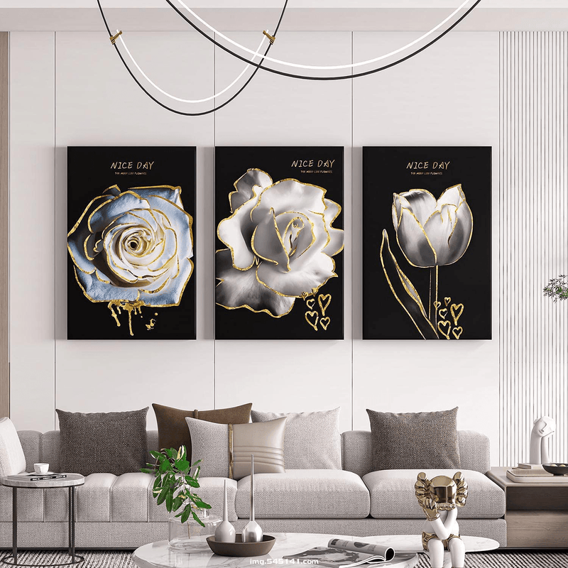 3 Panels Black and White Canvas Wall Art Bathroom Decor Gold Blue Butterfly Flower Poster Abstract Prints Paintings Artwork Framed Ready to Hang Modern Home Decoration For Kitchen Living Room Bedroom Home & Garden > Decor > Artwork > Posters, Prints, & Visual Artwork ARYTVOI   