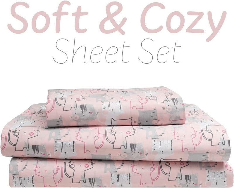 3-Piece Kitten Cat Lover Hearts Kids Twin Microfiber Bed Sheet Set Bedding, Blush Pink Grey Home & Garden > Linens & Bedding > Bedding HowPlum   