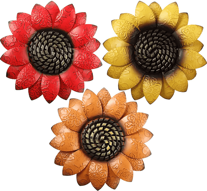 3 Pieces 13 Inch Metal Sunflower Wall Decor 3D Flower Wall Art Hanging Decoration for Bedroom Living Room Office Garden Indoor Outdoor Boho Home Decor, 3 Colors