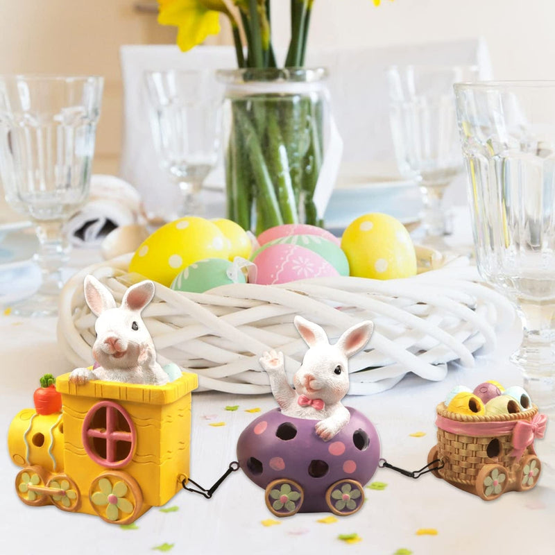 3 Pieces Easter Bunny Train Table Decorations, Easter Eggs Bunny Tabletop Centerpiece, Hand-Painted Spring Easter Rabbits with Carrot Tabletop Ornaments for Spring Easter Home Tabletop Decorations Home & Garden > Decor > Seasonal & Holiday Decorations Fangoo   