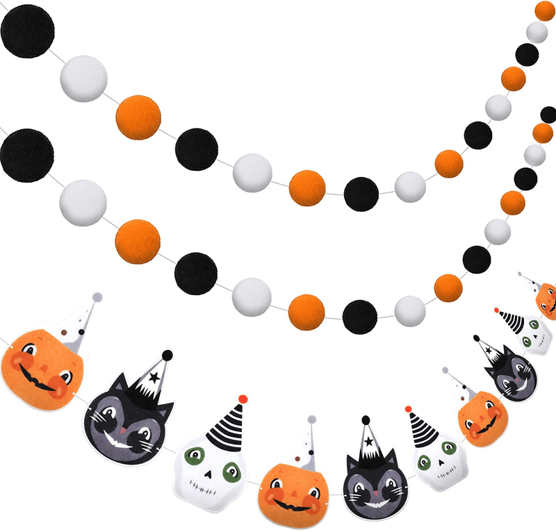 3 Pieces Halloween Vintage Garland Black White and Orange Felt Ball Banner Pom Pom Garland Halloween Black Cat, Jack O Lanterns, Skeletons Hanging Ornaments for Halloween Party Wall Decorations Arts & Entertainment > Party & Celebration > Party Supplies Boao Default Title  