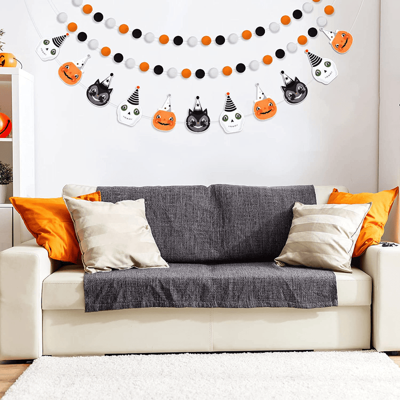 3 Pieces Halloween Vintage Garland Black White and Orange Felt Ball Banner Pom Pom Garland Halloween Black Cat, Jack O Lanterns, Skeletons Hanging Ornaments for Halloween Party Wall Decorations Arts & Entertainment > Party & Celebration > Party Supplies Boao   