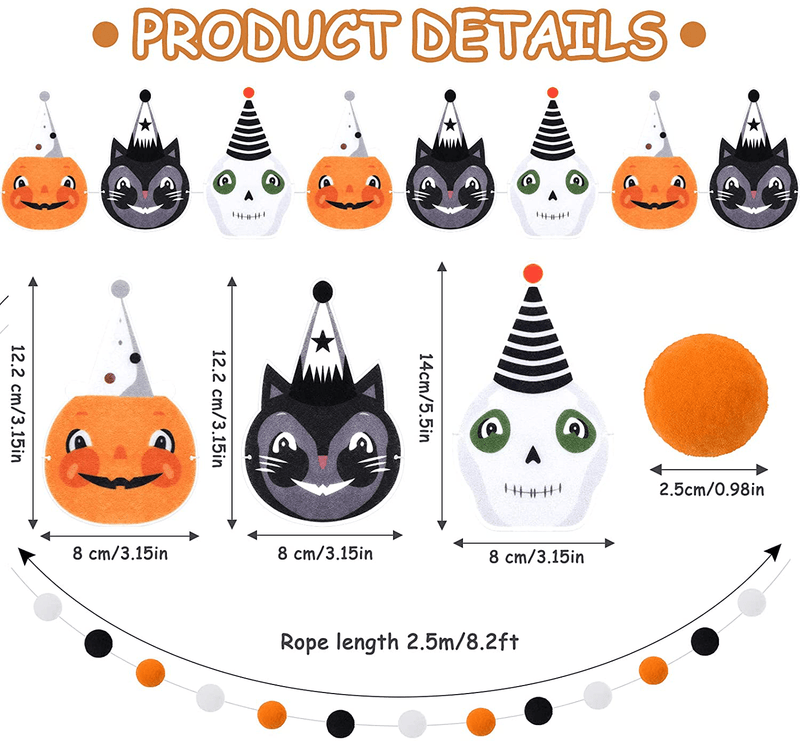 3 Pieces Halloween Vintage Garland Black White and Orange Felt Ball Banner Pom Pom Garland Halloween Black Cat, Jack O Lanterns, Skeletons Hanging Ornaments for Halloween Party Wall Decorations Arts & Entertainment > Party & Celebration > Party Supplies Boao   
