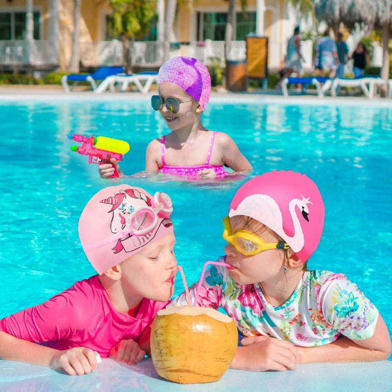 3 Pieces Kids Swim Caps for Girls Boys(Age 3-8), Silicone Swimming Caps with Swim Bag for Toddler Child Youth Teen, Waterproof Bathing Caps Swim Hat for Long and Short Hair 3PCS/2PCS Sporting Goods > Outdoor Recreation > Boating & Water Sports > Swimming > Swim Caps MAIGOZON   