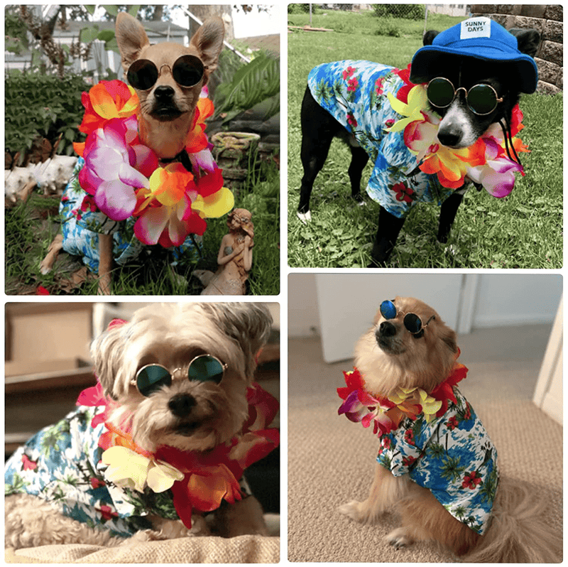3 Pieces Pet Dog Hawaiian Costume, Includes Puppy Dog'S Cool T-Shirts Summer Clothes, Funny Cute Dog Retro Fashion Sunglasses and a Colorful Wreath for Small to Medium Dog