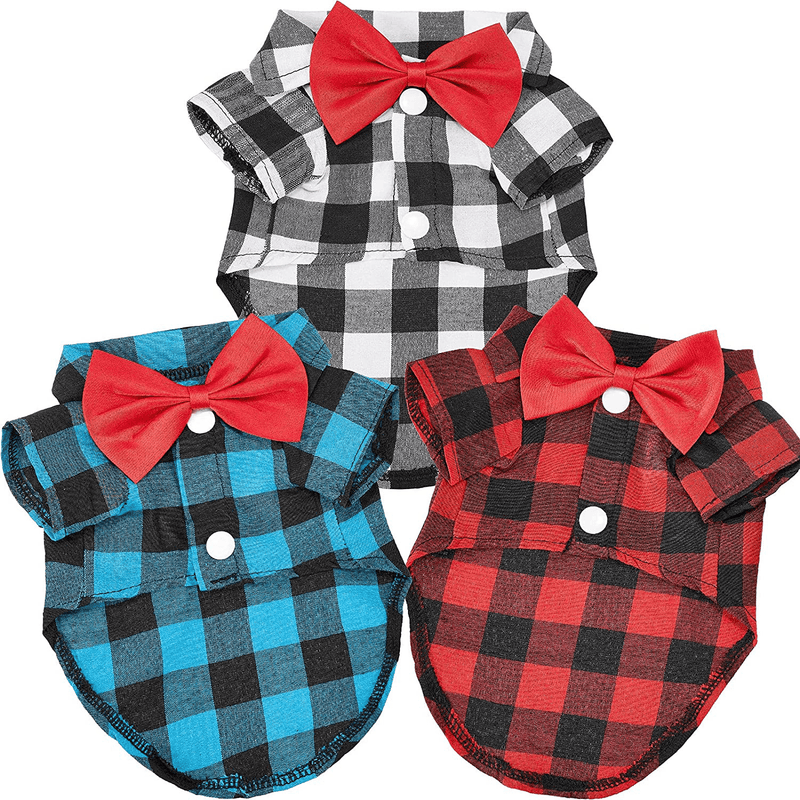 3 Pieces Plaid Puppy Shirts with Bow Tie Dog Buffalo Shirt Pet Christmas Sweatshirt Bow Dog Shirt Outfit for Birthday Party Small Dogs Cats Holiday Photo Wedding Supplies (M)
