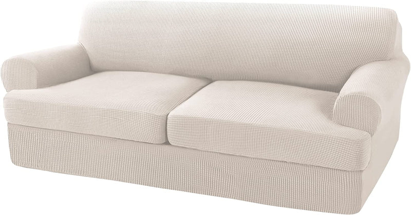 3 Pieces Sofa Covers T Cushion Sofa Slipcovers for 2 Cushion Couch Stretch Couch Cover Soft Sofa Slip Cover Furniture Covers with 2 Individual T Cushion Seat Covers, Machine Washable (Large, Ivory) Home & Garden > Decor > Chair & Sofa Cushions Turquoize Ivory Large 