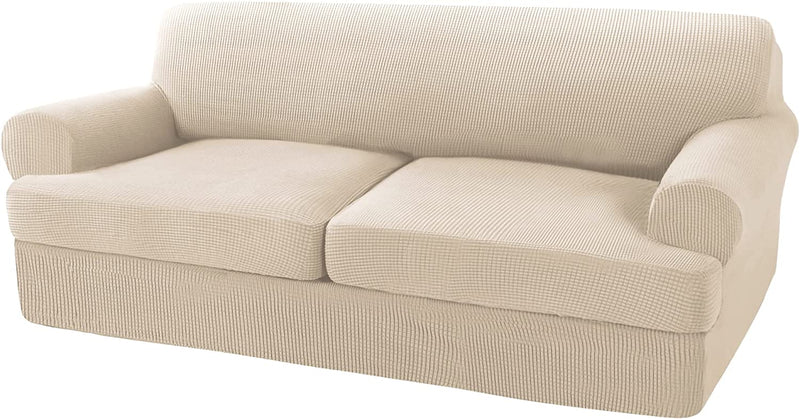 3 Pieces Sofa Covers T Cushion Sofa Slipcovers for 2 Cushion Couch Stretch Couch Cover Soft Sofa Slip Cover Furniture Covers with 2 Individual T Cushion Seat Covers, Machine Washable (Large, Ivory) Home & Garden > Decor > Chair & Sofa Cushions Turquoize Biscotti Beige Large 