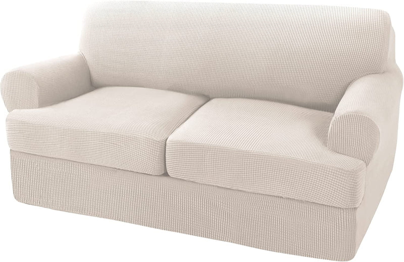 3 Pieces Sofa Covers T Cushion Sofa Slipcovers for 2 Cushion Couch Stretch Couch Cover Soft Sofa Slip Cover Furniture Covers with 2 Individual T Cushion Seat Covers, Machine Washable (Large, Ivory) Home & Garden > Decor > Chair & Sofa Cushions Turquoize Ivory Medium 
