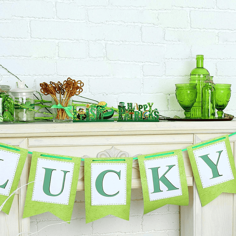 3 Pieces St. Patrick'S Day Table Decoration Shamrock Sign Table Centerpiece Leprechaun Decoration Wooden Irish Themed Decors for St. Patrick'S Day Holiday Dinner Coffee Tier Tray, 7.87 X 4.72 Inch  Sumind   