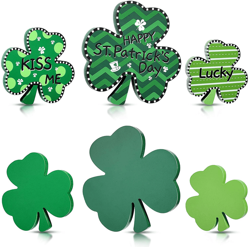 3 Pieces St. Patrick'S Day Wooden Decors Irish Shamrocks Ornaments Lucky Clover Baubles Green Shamrock Signs for Desk, Office and Home Decoration (Cute Style)