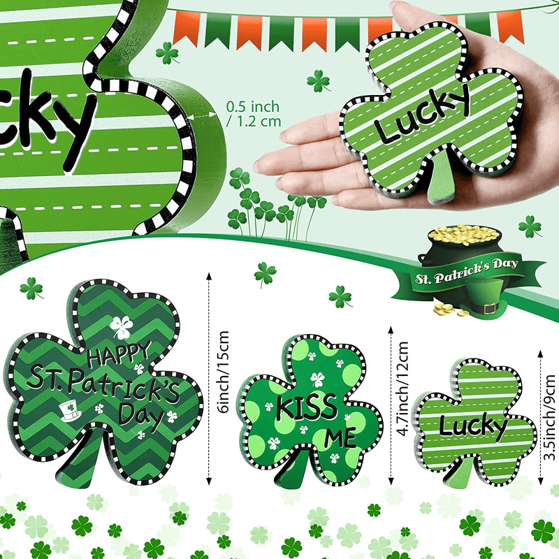 3 Pieces St. Patrick'S Day Wooden Decors Irish Shamrocks Ornaments Lucky Clover Baubles Green Shamrock Signs for Desk, Office and Home Decoration (Cute Style)
