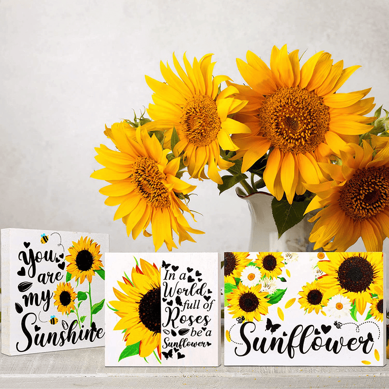 3 Pieces Sunflower Tiered Tray Wood Signs Sunflower Farmhouse Tray Decor Inspired Summer Fall Decor Rustic Mini Wood Kitchen Signs Sunshine Decor Home & Garden > Decor > Decorative Trays Jetec   