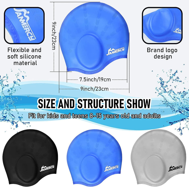 3 Pieces Swim Caps for Kids with 3D Ear Pocket, Swimming Cap Silicone Bathing Swimming Caps with 2 Pairs Ear Plugs Nose Clip for Women Men Kids Teens Adults Sporting Goods > Outdoor Recreation > Boating & Water Sports > Swimming > Swim Caps Janmercy   