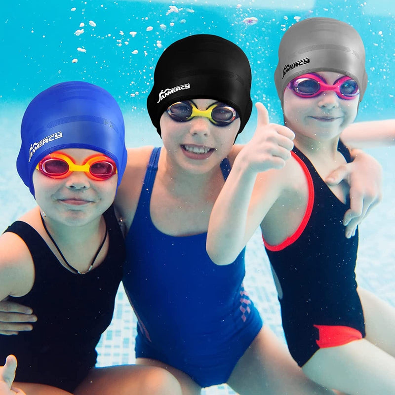 3 Pieces Swim Caps for Kids with 3D Ear Pocket, Swimming Cap Silicone Bathing Swimming Caps with 2 Pairs Ear Plugs Nose Clip for Women Men Kids Teens Adults Sporting Goods > Outdoor Recreation > Boating & Water Sports > Swimming > Swim Caps Janmercy   