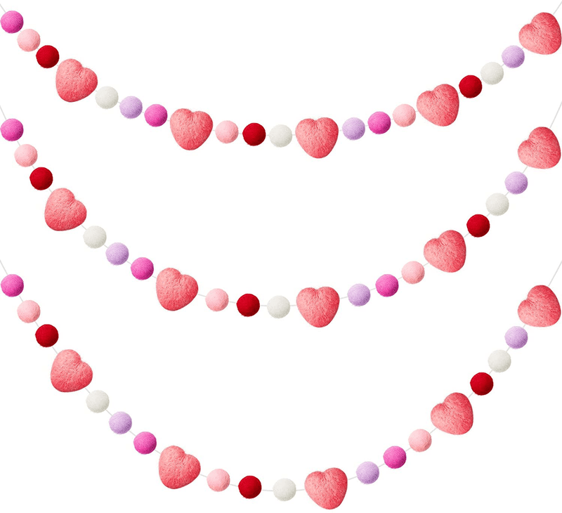 3 Pieces Valentine'S Day Felt Garlands Colorful Ball and Heart Garlands 6.5 Feet Long Felt Banners with 15 Pom Pom Balls and 5 Hearts for Valentines Home Office Wall Indoor Outdoor Decoration