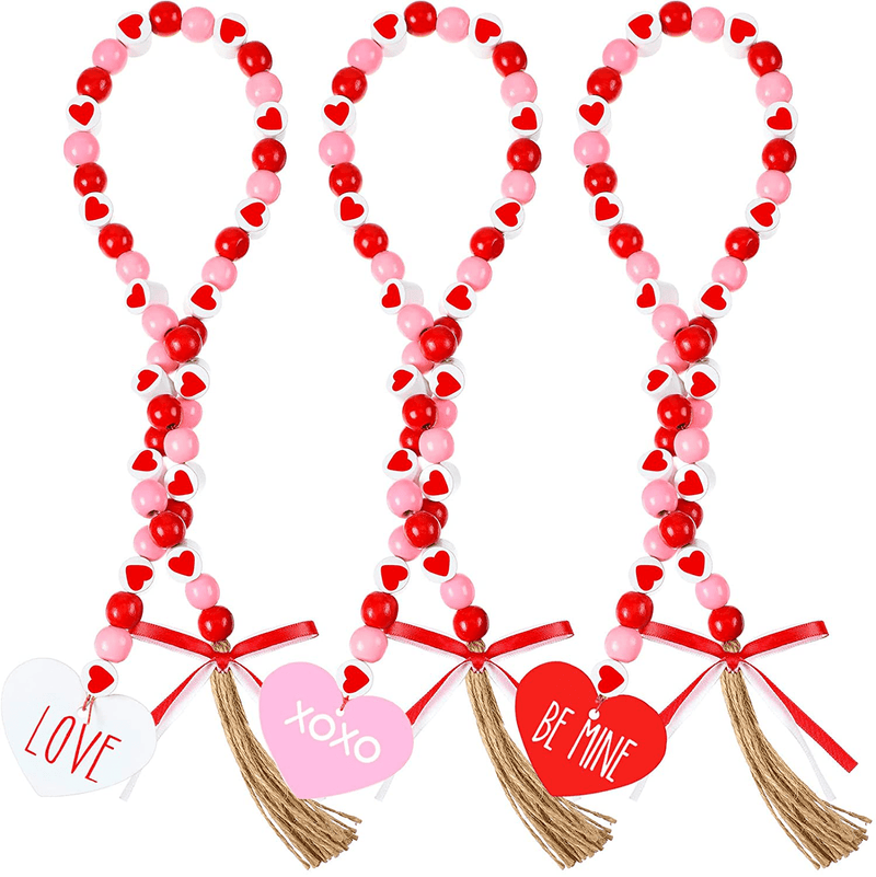 3 Pieces Valentine'S Day Wood Bead Garlands with Tassels Hanging Wooden Love Heart Ornaments Farmhouse Rustic Beads for Tiered Tray Decorations Valentine'S Day Decor Home & Garden > Decor > Seasonal & Holiday Decorations Chunful   