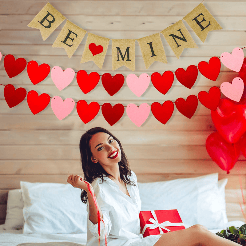 3 Pieces Valentines Day Banner Burlap Love Banner Be Mine Banner Felt Heart Garland Banner for Valentines Day, Wedding Engagement and Party Decoration Supplies (Be Mine Banner and Felt Heart)