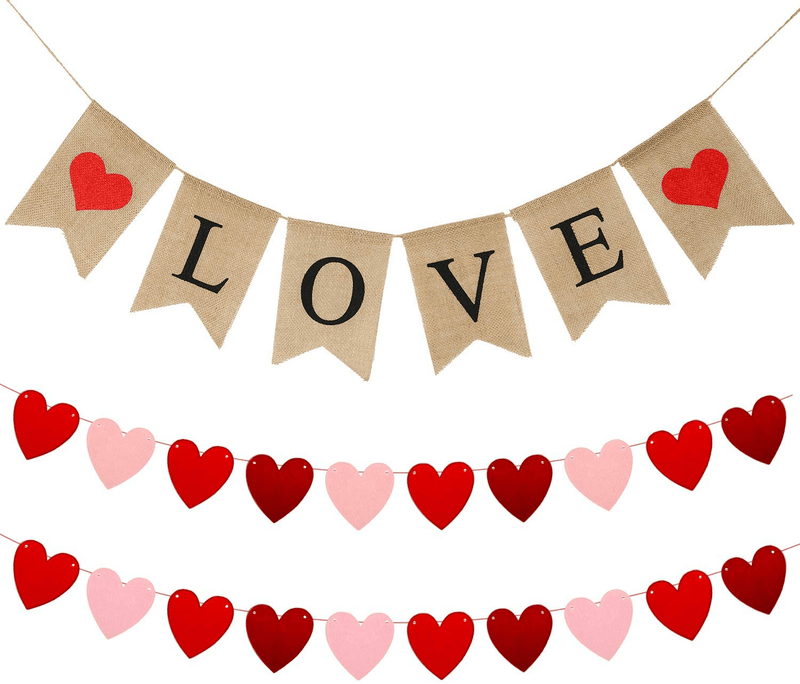 3 Pieces Valentines Day Banner Burlap Love Banner Be Mine Banner Felt Heart Garland Banner for Valentines Day, Wedding Engagement and Party Decoration Supplies (Love Banner and Felt Heart)