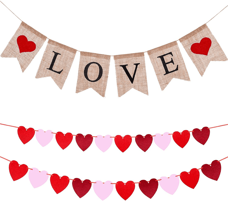 3 Pieces Valentines Day Banner Decoration Love Burlap Banner Felt Heart Garland Red Pink Heart Banner for Valentines Day Wedding Engagement Anniversary Party Supplies Arts & Entertainment > Party & Celebration > Party Supplies Boao   