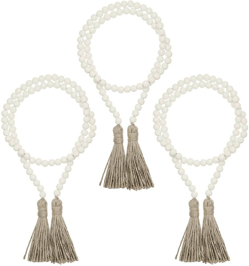 3 Pieces Wood Bead Garlands Farmhouse Beads Bobo Decor Rustic Bead Garlands with Tassels Country Decorations Holiday Favor, 3.7 Feet (White) Home & Garden > Decor > Seasonal & Holiday Decorations WILLBOND White  