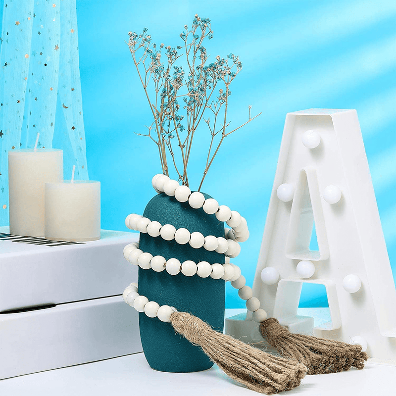 3 Pieces Wood Bead Garlands Farmhouse Beads Bobo Decor Rustic Bead Garlands with Tassels Country Decorations Holiday Favor, 3.7 Feet (White)