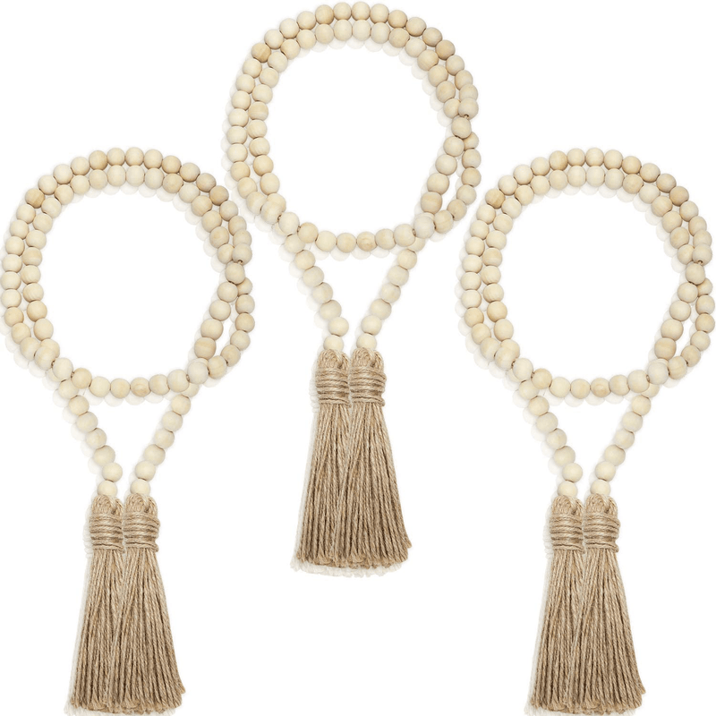 3 Pieces Wood Bead Garlands Farmhouse Beads Bobo Decor Rustic Bead Garlands with Tassels Country Decorations Holiday Favor, 3.7 Feet (White) Home & Garden > Decor > Seasonal & Holiday Decorations WILLBOND Wood Color  