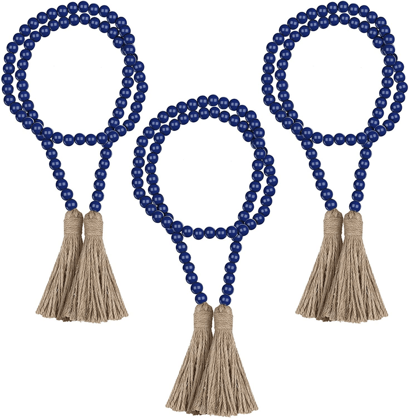 3 Pieces Wood Bead Garlands Farmhouse Beads Bobo Decor Rustic Bead Garlands with Tassels Country Decorations Holiday Favor, 3.7 Feet (White) Home & Garden > Decor > Seasonal & Holiday Decorations WILLBOND Blue  