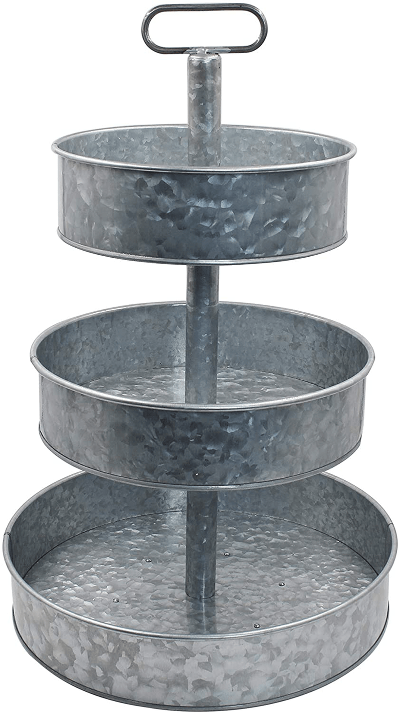 3 Tier Galvanized Metal Stand Serving Tray with Handle - Farmhouse Style - Jumbo Serving Tray & Display Perfect for Rustic, Vintage Decoration in Kitchen & Dining Room