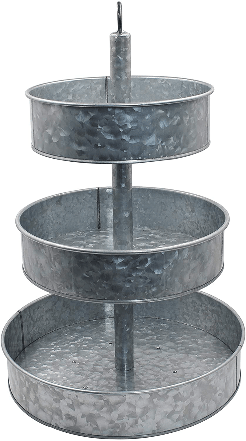3 Tier Galvanized Metal Stand Serving Tray with Handle - Farmhouse Style - Jumbo Serving Tray & Display Perfect for Rustic, Vintage Decoration in Kitchen & Dining Room