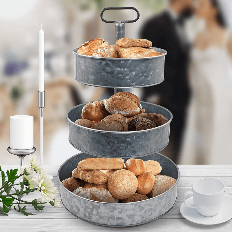 3 Tier Galvanized Metal Stand Serving Tray with Handle - Farmhouse Style - Jumbo Serving Tray & Display Perfect for Rustic, Vintage Decoration in Kitchen & Dining Room Home & Garden > Decor > Decorative Trays MV   