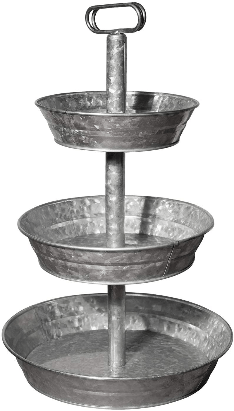 3 Tiered Tray Decor Stand - Galvanized 3 Tier Tray for Cupcake, Dessert, Fruit or Vegetable - Authentic Farmhouse Tiered Tray for Home Decor - Tiered Serving Stand - Ergonomic Three Tiered Tray