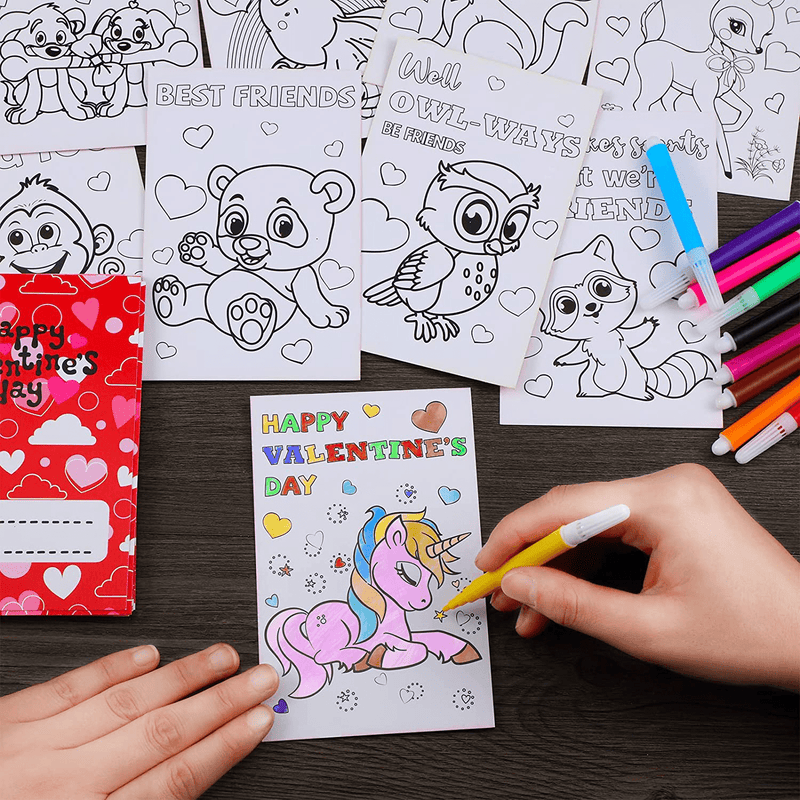 30 Pcs Valentines Day Cards Kids Animal Valentines Coloring Cards with 120 Pcs Watercolor Markers Valentines Day Gifts for Kids Classroom Exchange Gift School Supplies Valentines Party Favor Sets Home & Garden > Decor > Seasonal & Holiday Decorations Pajean   