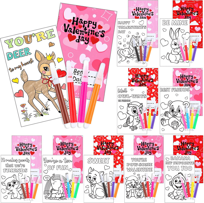 30 Pcs Valentines Day Cards Kids Animal Valentines Coloring Cards with 120 Pcs Watercolor Markers Valentines Day Gifts for Kids Classroom Exchange Gift School Supplies Valentines Party Favor Sets Home & Garden > Decor > Seasonal & Holiday Decorations Pajean   