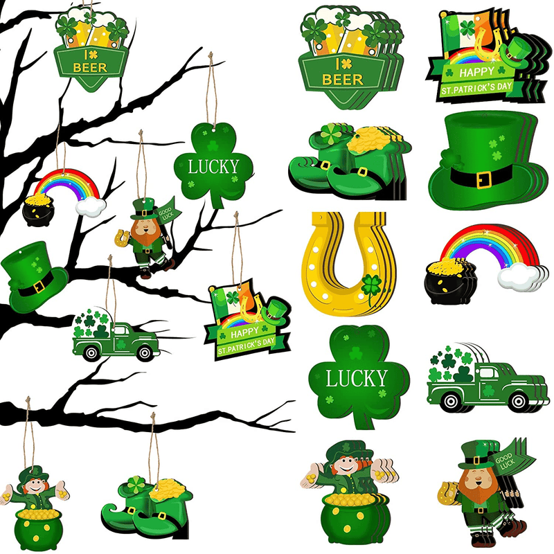 30 Pieces St. Patrick'S Day Wooden Ornaments Decorations Shamrock Leprechaun Horseshoe Hanging Wooden Cutouts Beer Green Car Wooden Ornament for Tree Saint Patrick'S Day Irish Party Supplies