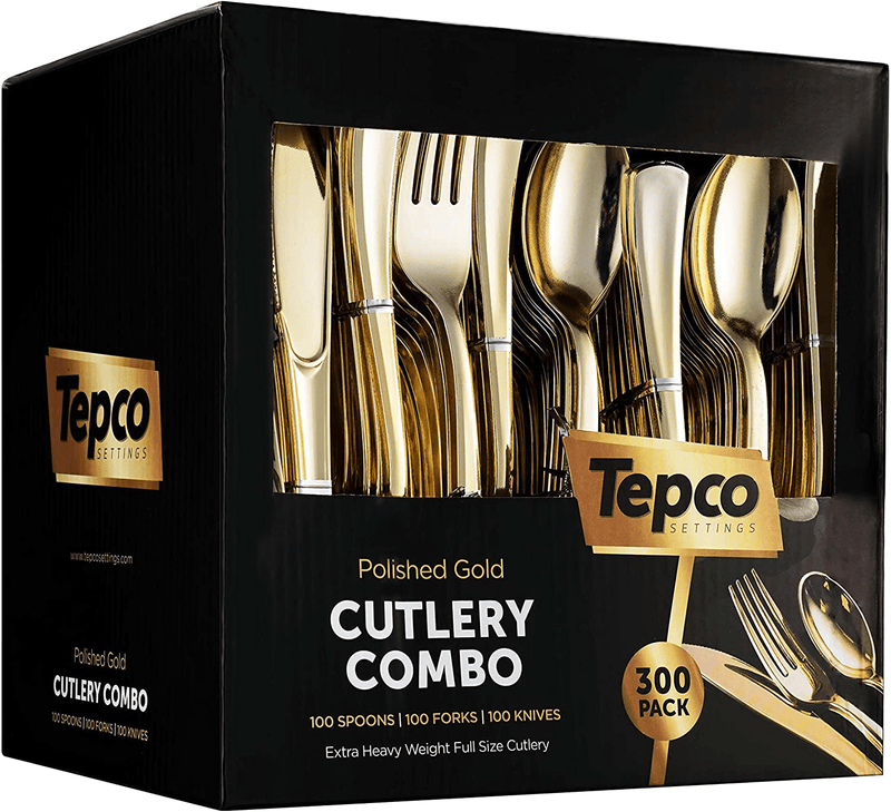 300 Gold Plastic Silverware Set - Plastic Gold Cutlery Set - Disposable Flatware Gold - 100 Gold Plastic Forks, 100 Gold Plastic Spoons, 100 Gold Cutlery Knives Heavy Duty Silverware for Party Bulk