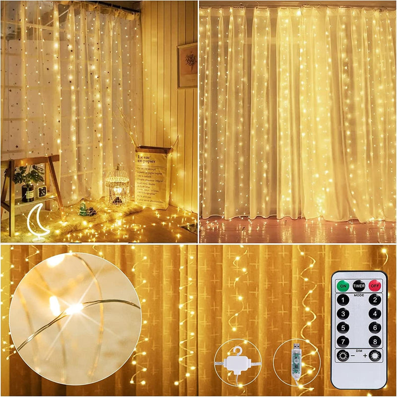 300 LED Curtain Lights for Bedroom - Brightown 9.8 FT Hanging Window Lights with Remote, Connectable, 8 Modes, Waterproof Fairy Lights for Outdoor Indoor Christmas Holiday Party, Warm White Home & Garden > Lighting > Light Ropes & Strings Brightown Warm White 10FT (with Hooks) 