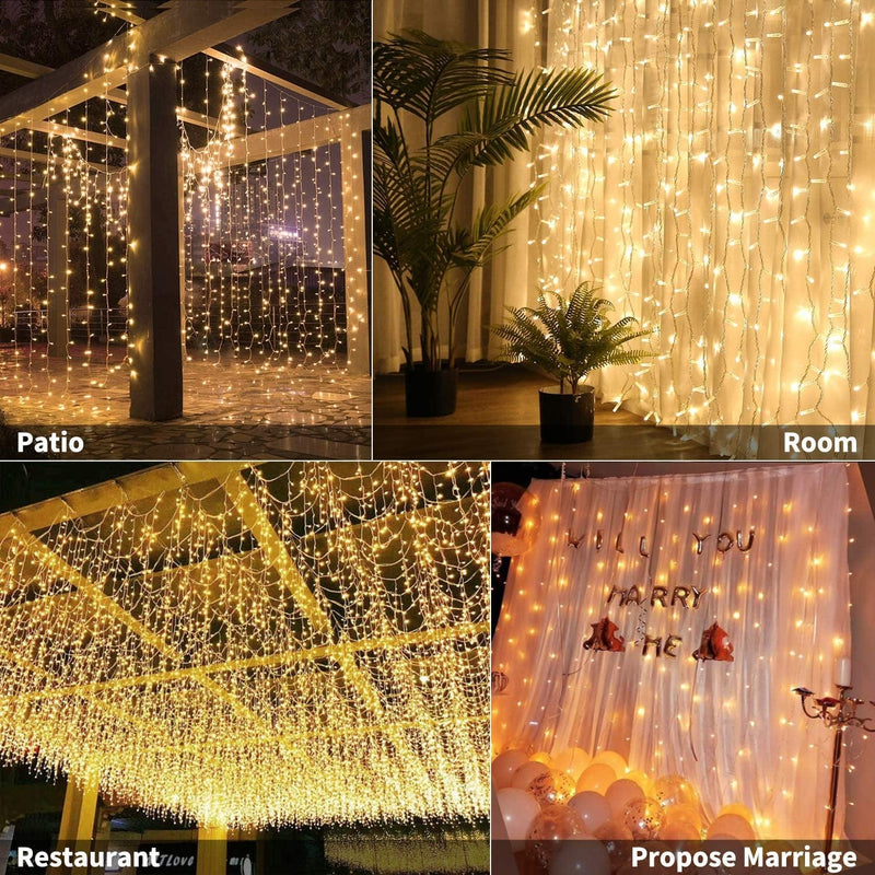 300 LED Curtain Lights for Bedroom - Brightown 9.8 FT Hanging Window Lights with Remote, Connectable, 8 Modes, Waterproof Fairy Lights for Outdoor Indoor Christmas Holiday Party, Warm White